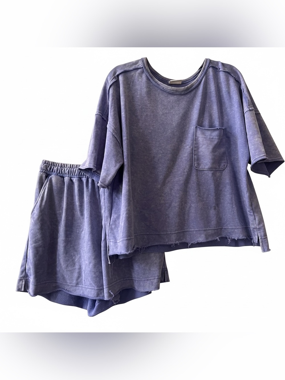Newm Boutique Lounge Shirt & Shorts Set Sz L Purple Elastic Waist Raw Hem NWOT